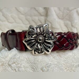 Brighton Braided Burgundy Leather Belt with Silver Floral Buckle, Sz. 36